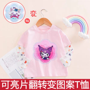 Summer Long Sleeve Fake Two-Piece Sun Protection T-Shirt for Girls Cotton Polyester Blend Moisture Wicking round Neck Cartoon Print