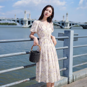 XIANGYING | Đầm Hoa Giúp Gầy Đẹp Với Cổ V Và Tay Bồng