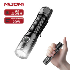 MIJOMI Flashlight J81 1300 Lumens Black/Green rechargeable Flashlight 2600mAh USB-C Rechargeable LED Torch IP68 Waterproof 200m Long Beam Distance portable outdoor flashlight with Flashlight holster bag For Outdoor Tactical Games