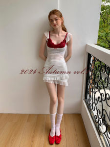 Váy Lưới Tay Áo Nhỏ Thời Trang Mùa Xuân Hè Mới Của Wooha in Họa Tiết Mực Nước Pure Desire Váy Dây Ngắn Phong Cách Ngọt Ngào Cho Nữ