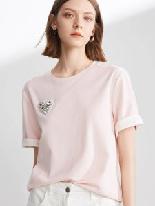 เสื้อยืดคอกลมแขนสั้นสไตล์ฝรั่งเศส ดีไซน์รูปหัวใจประดับเพชร ทรงหลวมสบายๆ สำหรับผู้หญิงวัย 25-29 ปี