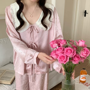 2025 New Womens Sleepwear Set Silk Satin Feel Home Clothes Two-Piece Set Court Style Spring Autumn Luxury Long Sleeve Long Pants