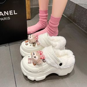 2025 New Womens Fleece Lined Cotton Clog Shoes Winter Outdoor Warm Thick Bottom Fur Slippers Roman Style High Heel EVA
