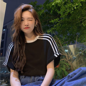Retro American Striped Wine Red Short Sleeve T-Shirt Women Summer New Loose Oversize Small Trendy Top Casual Pure Cotton