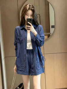 Shalldoer | Elegant Casual 2-piece Set Womens Long Sleeve Shirt and Wide Leg Shorts