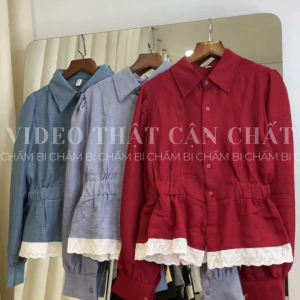 Áo sơ mi nữ A.795 Áo sơ mi cổ đức nhún eo dài tay dáng lửng vạt phối ren viền cúc dọc basic dễ phối đồ - Shop Chấm Bi