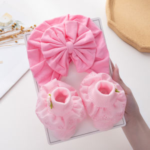 3Pcs/Set Newborn Silk Flower Baby Socks Soft Cotton Solid Big Bow Turban Caps Hats Prewalker Knitted Sock For Girls Boys Infant