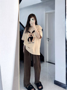 ผู้หญิง ฤดูร้อน ผ้าฝ้าย ชุดกีฬาแขนสั้น หลวม ขากว้าง กางเกง ชุดทูพีซ ลำลอง ใส่สบาย พรางหุ่น OOTD