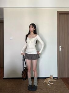 Pure Desire One Shoulder Knitted Slim Fit T-Shirt Women Long Sleeve Base Top Menci Small Leg Turn Left Stylish Versatile