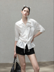 Cantonstory | Polo Collar Ruffle Hem Sashes Workwear Slimming Womens Shirt Summer