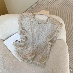 เสื้อเชิ้ตแขนพองลายดอกไม้สไตล์ฝรั่งเศสย้อนยุคสำหรับผู้หญิงในฤดูร้อน เสื้อเชิ้ตแขนยาวคอโปโลแขนยาวแบบสวมหัวผ้าโพลีเอสเตอร์