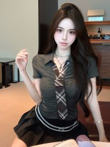 GUZILIAN | Korean Style Pleated Shirt With Tie Plaid Design Summer Slimming Top Waist-Cinching Halter Neck Pure Desire Spicy Girl