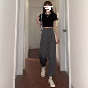 2025 Summer Universal Drawstring Trousers High Waist Straight Leg Workwear Pants Slimming Casual Trousers for Women