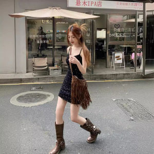 Black Floral Print Mini Dress Womens Summer Slimming Bodycon Skirt High Waist Knitted Polyester Fabric No Sleeve Thickened