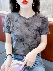 Summer Round Neck Icy Silk T-Shirt Vintage Western Style Print