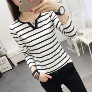 Slim Fit Striped V-Neck Long Sleeve T-Shirt Womens Base Shirt Commute Style Autumn New Arrival Korean Version Zebina Brand