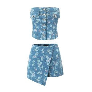 Rose Cowboy American Retro Sweet and Spicy Rose Print Denim Tube Top + Culottes Suit Versatile Two-Piece Set