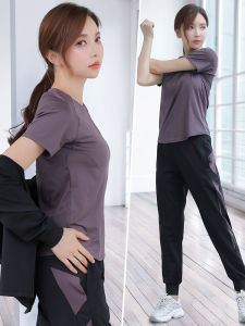 Womens Quick Dry Fitness Yoga Clothes Set Autumn Winter Outdoor Professional Morning Run Sportswear Long Pants Short Sleeve