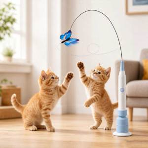 Teekland Rechargeable Butterfly Cat Toy for Indoor Cats Electric Cat Wand with Suction Cup Base 2 Play Modes Self Play & Handheld Cat Wand with 2 Cloth Buckle Butterfly Refills Blue