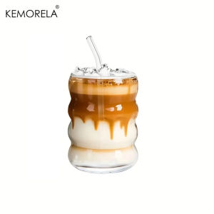 1/2PCS Glass Coffee Cups with Straws 380ML High Borosilicate Ripple Shaped Vintage Drinking Glass Matcha Cup for Water Tea Juice