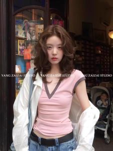 Gray Pink Retro Color Block V Neck Vest Top Summer New Sweet Inner Wear Slim Fit Retro Cover Sleeve T Shirt Womens Knittedwear