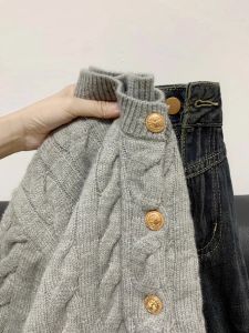 French Style Preppy Style Gray Cable-Knit Sweater Female 2024 Spring & Fall New Arrival Cardigan Small Sweater Lazy Top