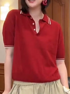SUOXIMENG | Large Size Red Collared Knitted Short Sleeve Womens Fashion Trend Vintage Versatile Autumn New Arrival Comfortable Moisture Wicking