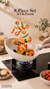 Nipiin Non-stick Cookware Set Removable Handle Frying Pan 8pcs Cooking Set with Glass Lid suitable for Induction Cooker