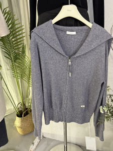 Double Zipper Design Navy Collar Knitted Sweater Top Long Sleeve Womens Open Cardigan Outerwear Knitted Fabric Autumn Fashion