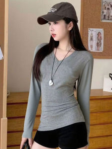 Pure Cotton V-Neck Long Sleeve Base Shirt Women Early Autumn Sweet Spicy Slimming Top Korean Style Grey Inner Wear T-Shirt