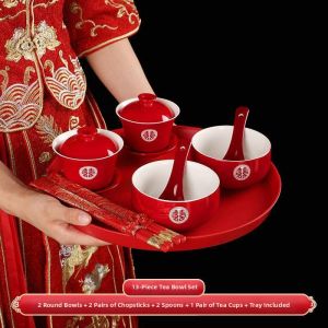 Red Wedding Tribute Tea Set Pair of Cups and Accessories