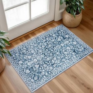 VIKAMA Vintage Blue Persian Floral Doormat Non Slip Washable Floor Mat Distressed Entryway Rug Living Room Home Decor Carpet