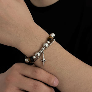 Ingemark Trendy Natural Stone Bead Chain Bracelet for Men Vintage Hip Hop Adjustable Four-pointed Star Charm Bangle Punk Jewelry