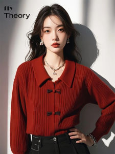 Fly Theory Red Knitted Long Sleeve Sweater with Button Design for Women Commute Style Regular Length Ideal for Autumn Winter