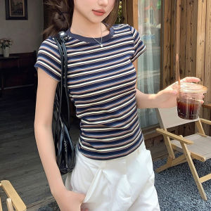 Áo Thun Cotton Tay Ngắn Ôm Vừa Vặn Cổ Tròn Họa Tiết Sọc Phong Cách Hàn Quốc Dành Cho Nữ Mùa Hè Thường Ngày