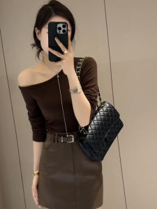 Retro Fashion Shoulder Bared Long Sleeve T Shirt Women Base Color Simple Design Top Pure Color Trendy Bottoming Shirt