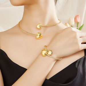 SEQUITO Noble Wedding Party Golden Silvery Jewelry Dazzling AAAAA Zircon Adjustable Heart Bangle Necklace SJ414