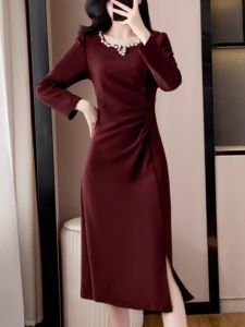 ชุดแต่งงานสุดหรูหรา ชุดเดรสทรงเอเข้ารูปเอวเข้ารูป ชุดแม่ของเจ้าสาว ชุดเดรสยาวคลุมเข่า แขนยาว ผ้าฝ้ายผสมโพลีเอสเตอร์