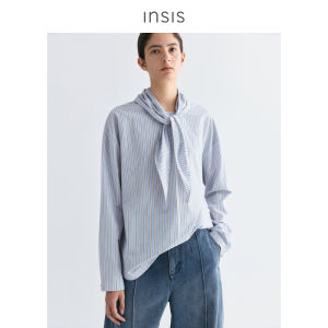 INSIS FEMME | Fine Combed Cotton Vintage Striped Detachable Scarf Loose Fit Shirt