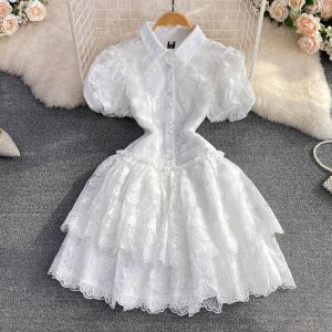 Retro Summer Fairy Tale Embroidered White Bubble Sleeve Polo Collar A-Line Cake Dress Womens Fashion Korean Style High Waist Short Sleeve Midi Dress