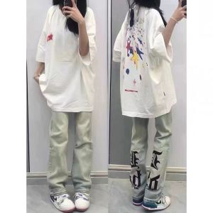 เสื้อยืดคอกลมพิมพ์ลายสไตล์ย้อนยุคแบบอเมริกันสำหรับผู้หญิง ทรงหลวม แฟชั่นฤดูร้อน เสื้อผ้าผู้หญิง 100% ไม่ติดขนแปรง