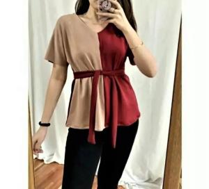 Atasan Kombinasi Warna Lengan Pendek Wanita / Blouse V-Neck Korean Style / Pakaian Wanita Terlaris
