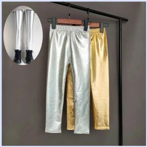 Girls Legging Kids Pants Spring Autumn Children Elastic Faux Leather Leggings Gold Silver Skinny Pencil Pants Girl Leggings