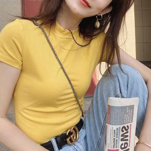 White Slim Fit Cotton T-Shirt Womens Short Sleeve High Collar Bodycon Base Layer Top Korean Style round Neck Spring Fashion