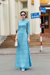 Áo dài nữ đẹp màu xanh kiểu dáng truyền thống tay lỡ cao cấp phù hợp đi dạy đi chơi hội nghị đám cưới