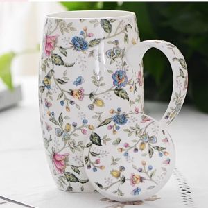 Large Bone China Ceramic Mug Womens Cute Breakfast Cup with Lid And Handle Home Use High Capacity Water Cup Korean Style