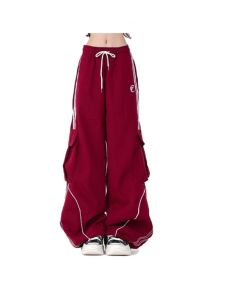 Retro American Work Pants Womens Street Dance Wide Leg Drawstring Loose Slimming Sports Long Trousers High Waist Polyester Fiber