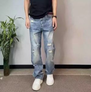 Retro American Casual Straight Leg Mens Jeans Spring Summer Loose Washed Hole Punching Denim Pants Youth Trend Breathable