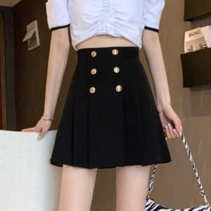 Slimming Black Half-length A-line Skirt High-waisted Korean Style Button Detail Pleated Short Skirt for Young Women