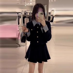2025 New Autumn Womens Dress Korean Style Short Sleeve Polo Neck Sweater And Skirt Set Elegant Lady Fashion Miniature Princess Wind